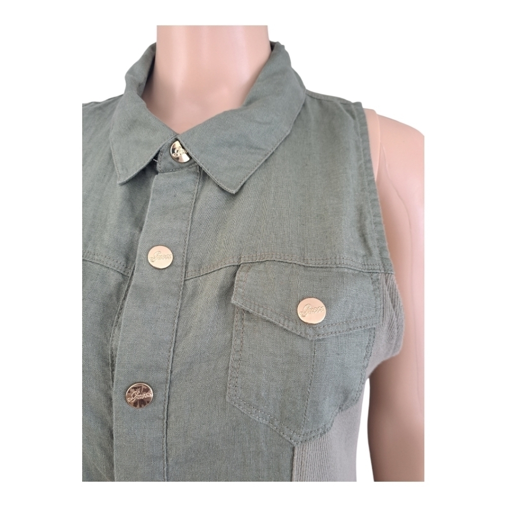 GUESS linen khaki sleeveless mini dress snap closure tunic - Picture 5 of 13